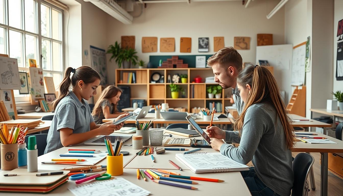 Students studying together in modern classroom
